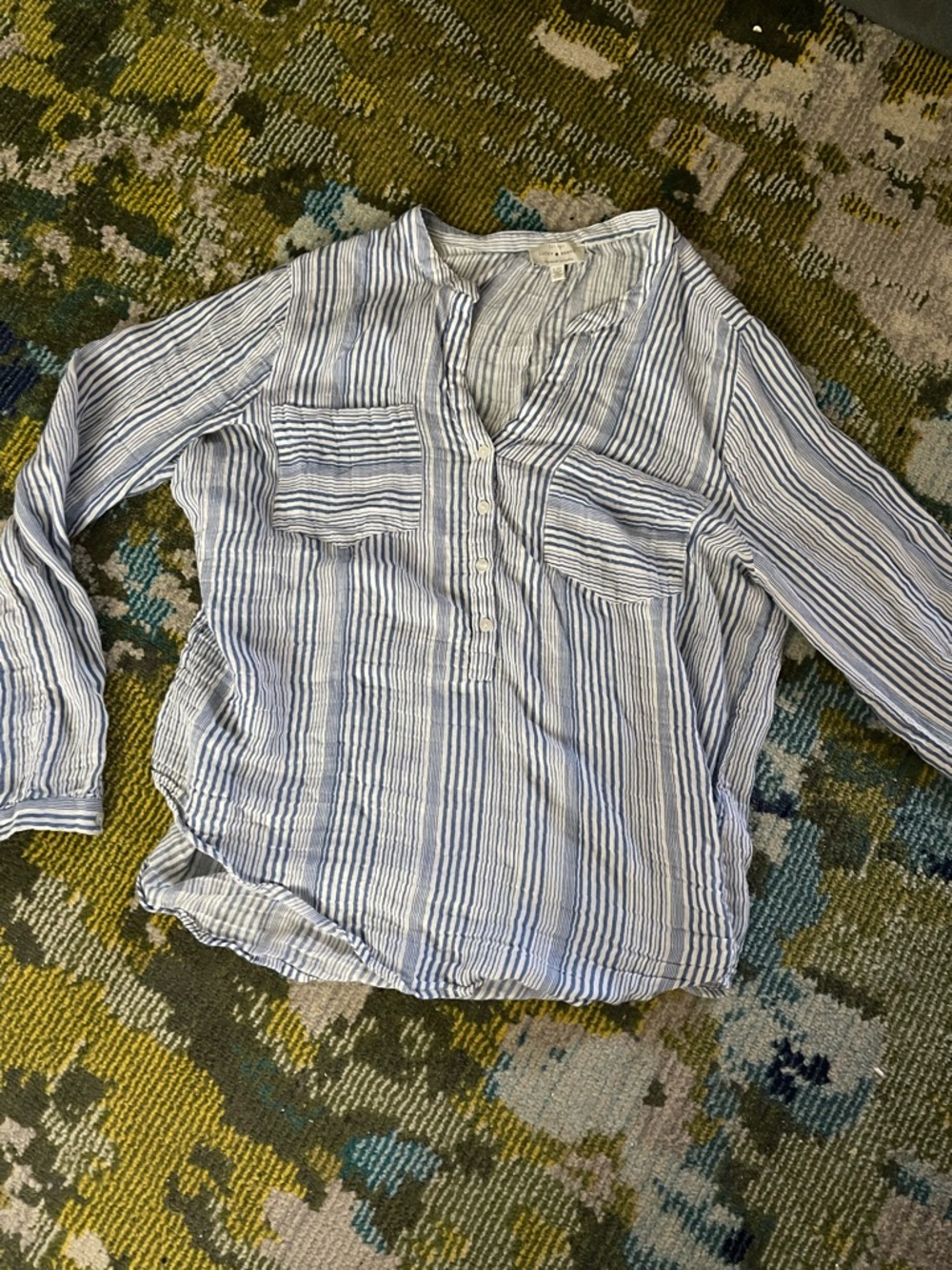 Lucky Brand Blue and White Striped Button Henley Blouse